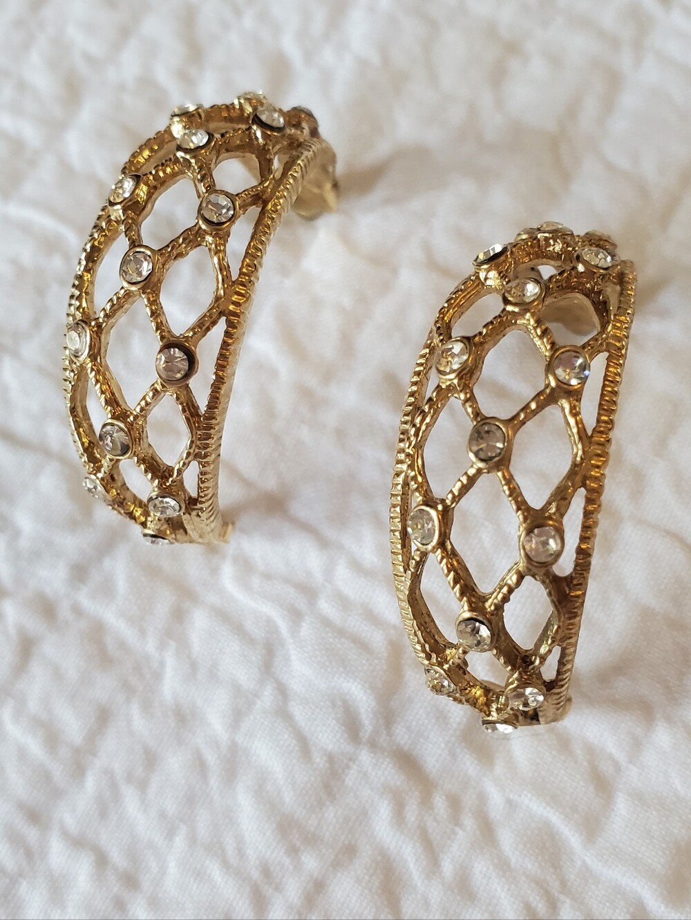 Vintage BUTLER Gold-tone Openwork Rhinestone Semi Hoop Post Earrings